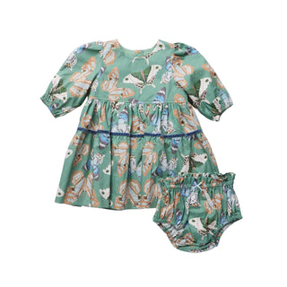 Pink Chicken Baby Girls Maribelle Dress Set - Green Butterflies
A toddler girl's two-piece outfit set consisting of a short-sleeve tiered dress and matching bloomers, both in sage green with a colorful butterfly and bird print, laid flat on a light gray background.