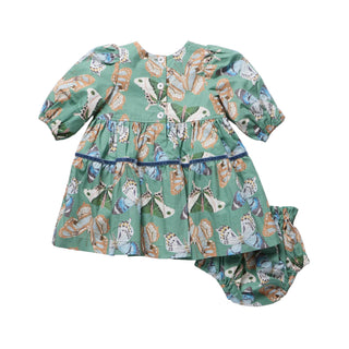 Pink Chicken Baby Girls Maribelle Dress Set - Green Butterflies
A toddler girl's dress with a matching bloomers, featuring a green base with a colorful butterfly and dragonfly print, laid flat on a light gray background.