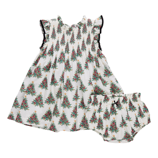 Pink Chicken Baby Girls Stevie Dress Set - Vintage Trees
Baby dress and bloomers with Christmas tree pattern on a white background