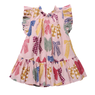 Pink Chicken Girls Harper Dress - Patterned Bows
A pink tiered baby dress with a colorful bow and gingham pattern, featuring ruffled cap sleeves and a smocked neckline.