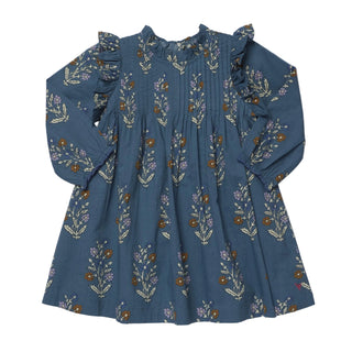 Pink Chicken Girls Jaipur Dress - Balsam Dewdrop
A long-sleeve blue dress with a floral print, featuring ruffled details on the shoulders and a smocked bodice, laid flat against a white background.
