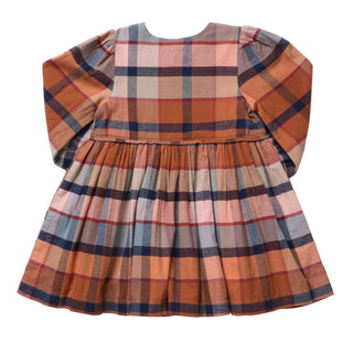 Pink Chicken Girls Mae Dress - Hayride Plaid
A long-sleeve children's dress with a pleated skirt and a classic plaid pattern in orange, beige, blue, and red, laid flat against a white background.