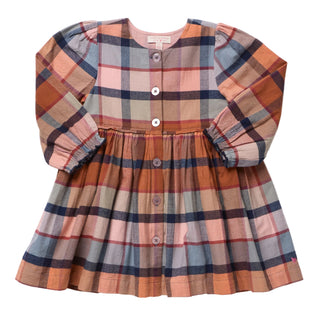 Pink Chicken Girls Mae Dress - Hayride Plaid
A children's long-sleeve plaid dress with puff sleeves, a button-front bodice, and a gathered skirt, shown flat on a light gray background.