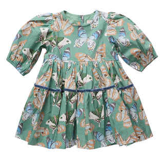 Pink Chicken Girls Maribelle Dress - Green Butterflies
A green children's dress with a butterfly and leaf print, featuring short puff sleeves, a gathered waist, and a tiered skirt, shown flat on a light gray background.