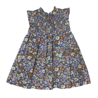 Pink Chicken Girls Stevie Dress - True Blue Sketched Floral
A sleeveless smocked dress with a dense multicolor floral print, featuring ruffled shoulder straps and a gathered skirt, laid flat on a light gray background.