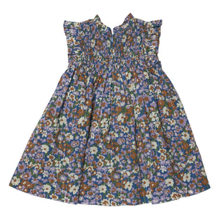 Pink Chicken Girls Stevie Dress - True Blue Sketched Floral
A sleeveless smocked dress with a dense multicolor floral print, featuring ruffled shoulder straps and a gathered skirt, laid flat against a light gray background.