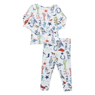 Pink Chicken Kids Bamboo PJ Set - Western Dreams
Children's pajama set with cowboy-themed print on a white background