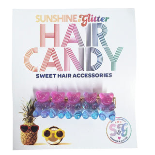 Pink and blue ombre Sunshine & Glitter hair candy gummy bear hair clip with glitter details, styled in a playful, colorful design.