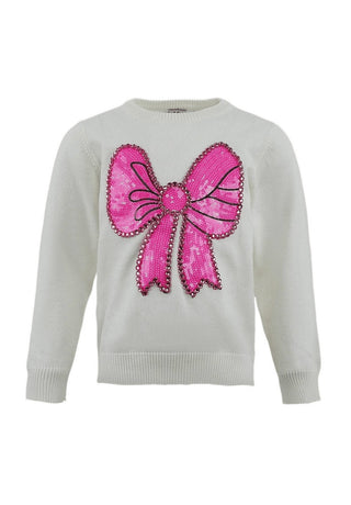Lola and The Boys Pinky Big Bow Sweater
A cream-colored knit sweater featuring a large, vibrant pink sequined bow graphic on the front, set against a plain white background.