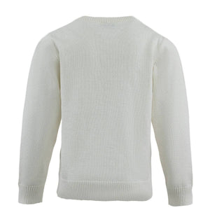 Lola and The Boys Pinky Big Bow Sweater
A light cream or off-white knit sweater shown from the back, featuring a crew neck, long sleeves, and ribbed cuffs and hem, set against a plain white background.