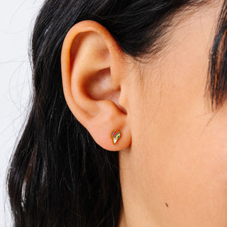 Pip Pop Post Earrings - Snowcone Stud
Close-up of an ear wearing a gold earring with a green gemstone on a white background