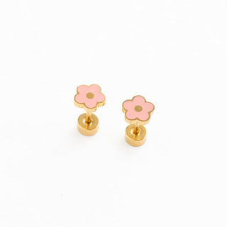 Pip Pop Post Earrings - Pink Petite Flower
Pair of pink flower-shaped earrings with gold posts on a white background