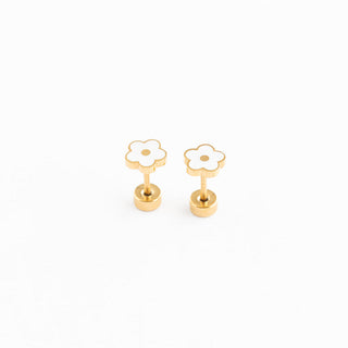 Pip Pop Post Earrings - White Petite Flower
Gold flower-shaped earrings on a white background