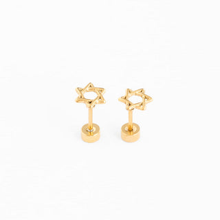 Pip Pop Post Earrings - Star of David
Gold star-shaped earrings on a white background