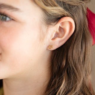 Pip Pop Post Earrings - Star of David
Close-up of a person wearing gold star-shaped earrings.