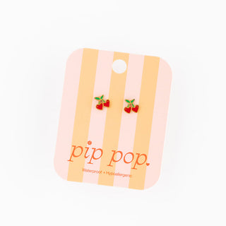 Pip Pop Post Earrings - Cherries
Cherry-themed earrings on a striped 'pip pop' card against a white background