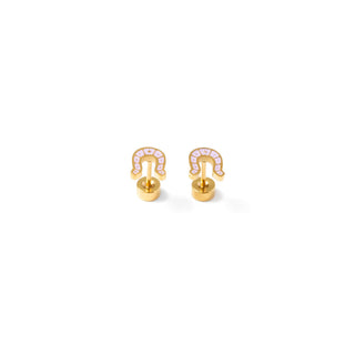 Pip Pop Post Earrings - Horseshoe Stud
Gold earrings with pink gemstones on a white background