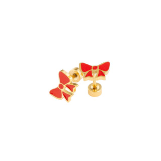 Pip Pop Post Earrings - Red Enamel Bow
Gold bow-shaped earrings with red centers on a white background