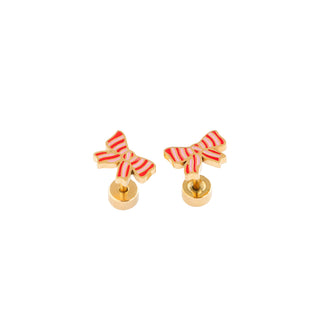 Pip Pop Post Earrings - Striped Bow
Pair of bow-shaped earrings with gold posts on a white background