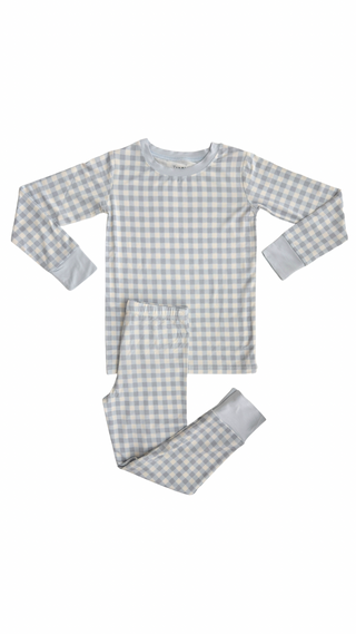 In My Jammers Blue Gingham Two Piece Set
 Gray checkered pajama set on a white background