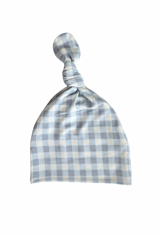 In My Jammers Blue Gingham Newborn Hat
Blue and white checkered baby hat on a white background