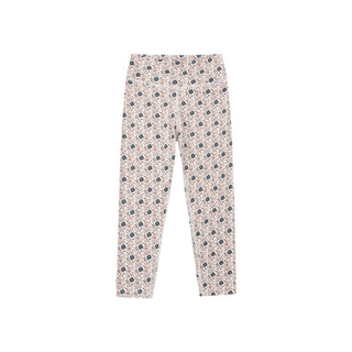 Play by Rylee & Cru Basic Legging - Blue Primrose
A pair of cropped leggings with an all-over small floral print on a light beige base, featuring dark blue and pink blossoms with green leaves.