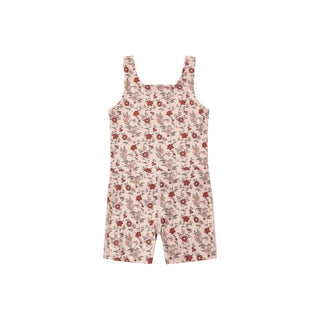 Play by Rylee & Cru Malibu Bodysuit - Pink Floral
A sleeveless short romper with a dense red and green floral print on a light beige background, shown flat against a solid white background.