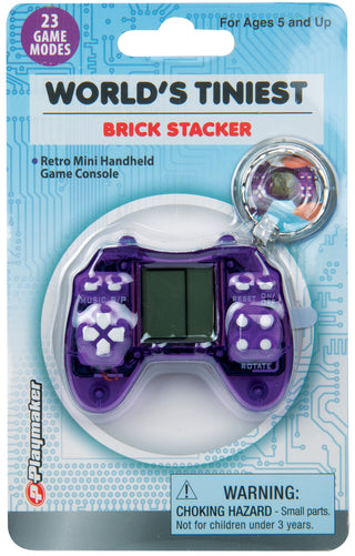 Playmaker World's Tiniest Brick Stacker
World's Tiniest Brick Stackers handheld game console packaging with purple controller on a blue and white background.