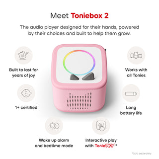 Playtime Puppy Toniebox 2 Starter Set - Cloud Pink
Toniebox 2 audio player with features listed on a white background