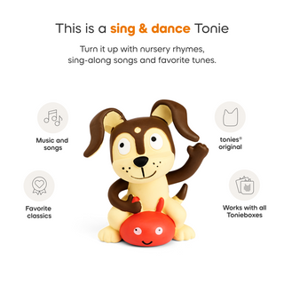 Playtime Puppy Toniebox 2 Starter Set - Moon Gray 
Toy with a dog design on a white background, featuring text about music and songs and compatibility with Tonieboxes.