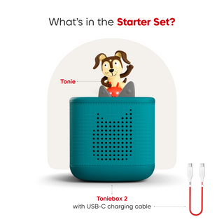 Playtime Puppy Toniebox 2 Starter Set - Tropical Teal
Toniebox 2 with USB-C charging cable and Tonie toy on a white background