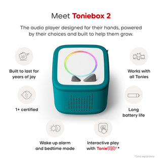Playtime Puppy Toniebox 2 Starter Set - Tropical Teal
Teal Toniebox 2 audio player with features listed on a white background