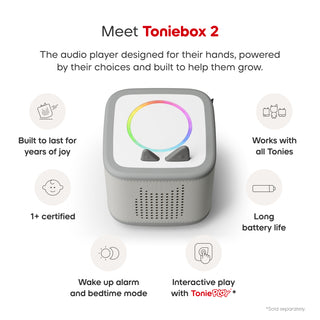 Playtime Puppy Toniebox 2 Starter Set - Moon Gray
Toniebox 2 audio player with features listed on a white background