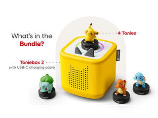 Pokémon Toniebox 2 starter set in lightning yellow with Pokémon-themed toys and accessories for children.