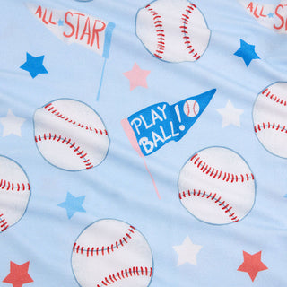 Posh Peanut  Play Ball
Pattern of baseballs, stars, and 'Play Ball!' text on a light blue background