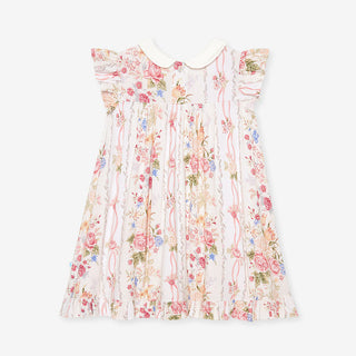Posh Peanut Collared Smocked Ruffled Dress - Janey
A sleeveless baby dress with a white Peter Pan collar, featuring a delicate pink, red, and blue floral print with vertical pleated stripes and ruffled shoulder details, shown flat on a light gray background.