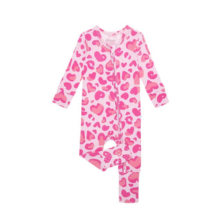 Posh Peanut Convertible One Piece - Love Leopard 
Pink heart-patterned onesie on a white background