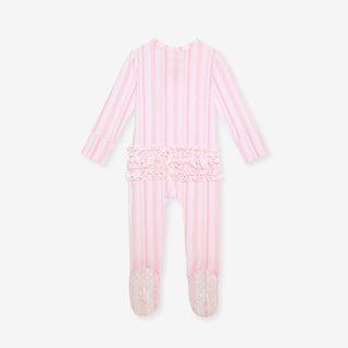 Posh Peanut Footie Ruffled Zippered One Piece - Remi
A baby long-sleeve footed jumpsuit in light pink and white vertical stripes, featuring a ruffled lace detail at the waist and matching lace foot covers, shown on a light gray background.
