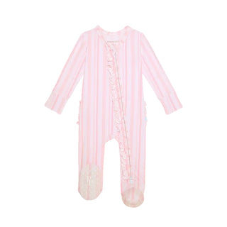 Posh Peanut Footie Ruffled Zippered One Piece - Remi
A baby long-sleeve footed sleeper in light pink and white vertical stripes, featuring a ruffle trim down the front and a small embroidered monogram on the foot.