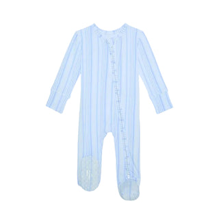 Posh Peanut Footie Zippered One Piece - Richie A baby long-sleeve footed sleeper in light blue and white vertical stripes, featuring a buttoned front and textured foot panels, shown on a plain light background.