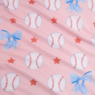 Posh Peanut Gina 
Pattern of baseballs, stars, and blue bows on a pink background