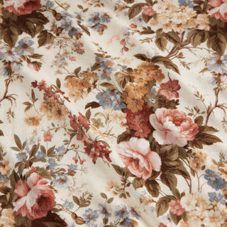 Posh Peanut Long Sleeve Twirl Bodysuit Dress - Dauphine
A close-up of a vintage floral fabric print featuring pink, red, blue, and yellow flowers with brown leaves on an off-white background.