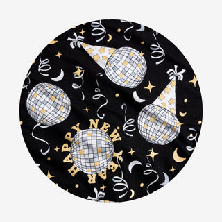 Posh Peanut Midnight Bash 
Round black fabric with disco ball pattern and 'Happy New Year' text on a white background