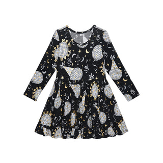 Posh Peanut Ruffle Twirl Dress - Midnight Bash
Black dress with geometric pattern on a white background