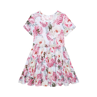 Posh Peanut Ruffled Twirl Dress - Lucienne
Floral dress with pink and white flowers on a light background