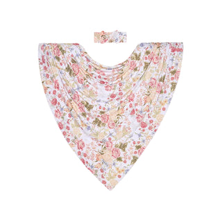 Posh Peanut Swaddle Headband Set - Kristiana
A baby headscarf set featuring a large triangular bandana with a pink, red, and green floral print on a white background, shown with a matching small fabric headband on a light gray background.