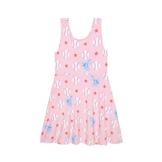 Posh Peanut Twist Back Skater Dress - Gina
Pink dress with baseball and bow pattern on a white background
