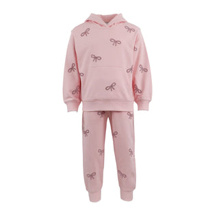 Lola and The Boys Pretty in Crystal Bows Set Pink children's hoodie and jogger set with bow patterns on a white background