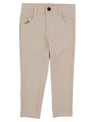 Properly Tied Boys Fairway Performance Pant - Khaki
A pair of beige slim-fit pants with a small black duck logo on the left pocket, displayed flat against a white background.
