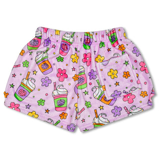 Iscream Pumpkin Lattes Plush Shorts
Pink shorts with colorful drink and flower pattern on a white background